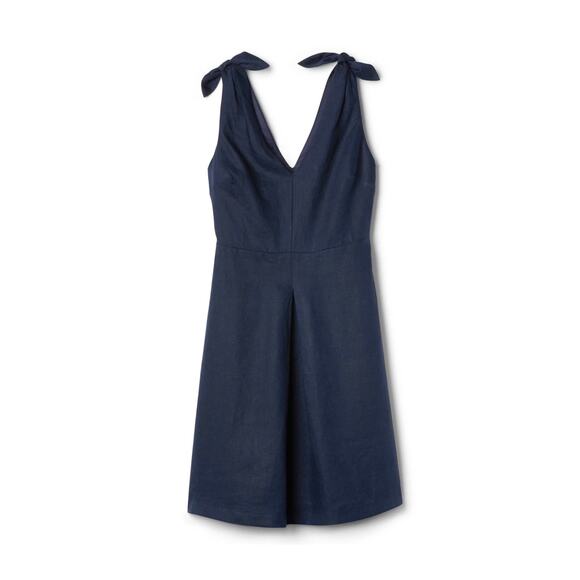 Gap 100% Linen Sleeveless Tie Shoulder Dress V-Neck V-Back Dark Night Blue Sz 16 - Picture 1 of 16